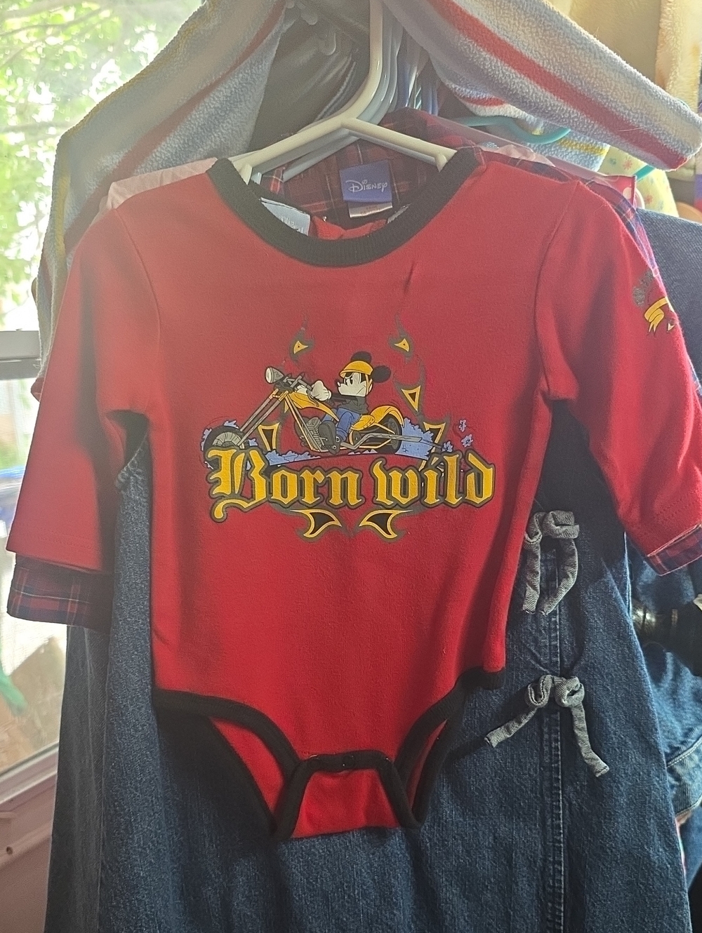 Disney Red "Born Wild" Motorcycle Graphic One-Piece with Black Trim